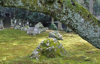 Güzel antik Japon tapınağının manzaralı görüntüsü.