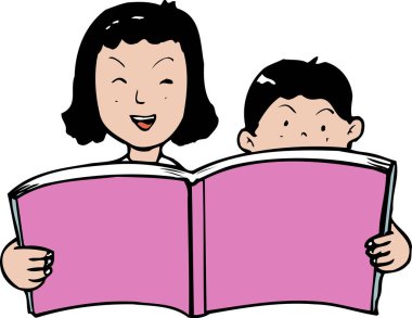  Oğluyla kitap okuyan karikatürist kadının çizimi 