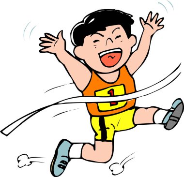 Çizgi film çizimi mutlu bir çocuk bitirmek için koşuyor 