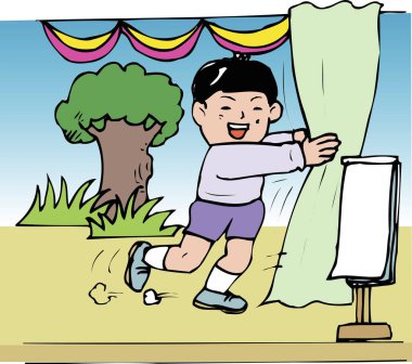 Açık hava etkinliği sırasında gülümseyen çocuk perdeyi çekiyor.