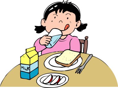 Sabah kahvaltıda sandviç yiyen bir kız. 