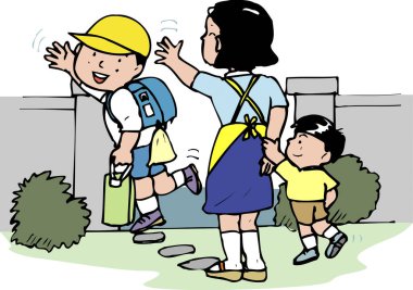 Çocuk sırt çantasıyla giderken el sallıyor.