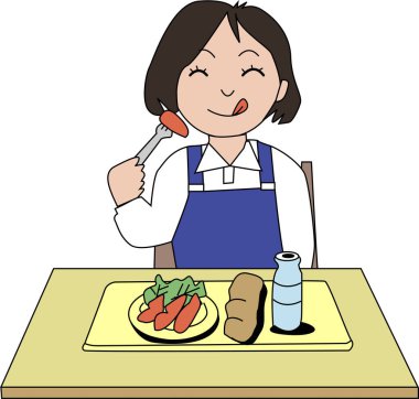 Masada yemek yiyen bir karikatür kadının resmi. 