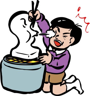 Çocuk öfkeyle yemek çubuğu kullanarak sıcak yemek yiyor.