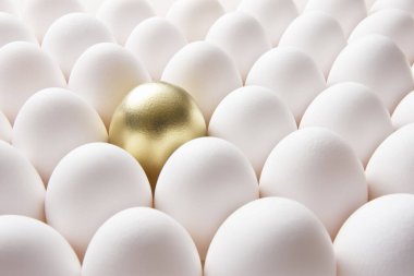 Beyaz yumurta ve altın yumurta arka planda, yakın plan.