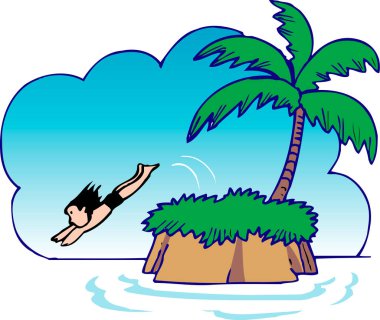 Çizgi filmci adadan palmiye ağacıyla atlıyor.