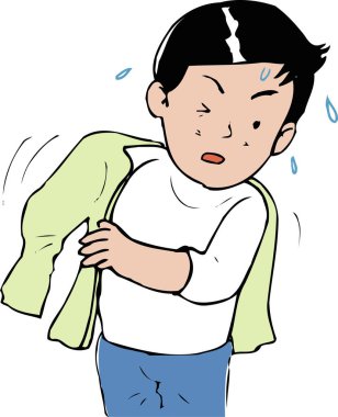 Terleyen bir çocuğun, seksi olduğu için yeşil kazağını çıkarmasının karikatür çizimi..