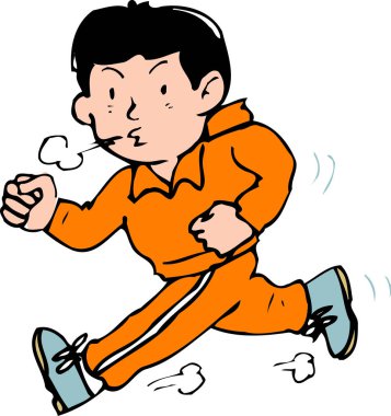 Turuncu eşofmanlı bir çizgi film adamı koşuyor. 