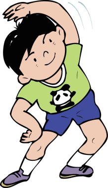 Beyaz arka planda izole edilmiş egzersiz yapan bir çocuğun çizgi film çizimi. 