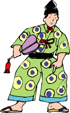 Çizgi film tarzında geleneksel kimono giyen Asyalı bir adamın resmi