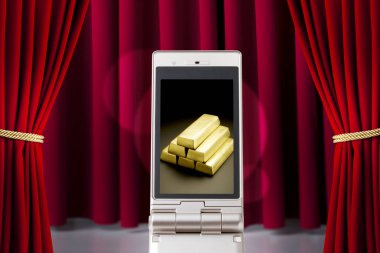 Kırmızı perde arkaplanındaki akıllı telefon ekranındaki altın bloklar