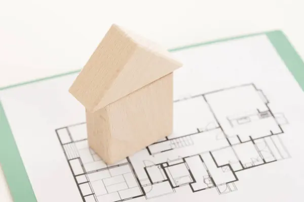 Planos Con Modelo Casa Inversión Concepto Hipotecario —  Fotos de Stock