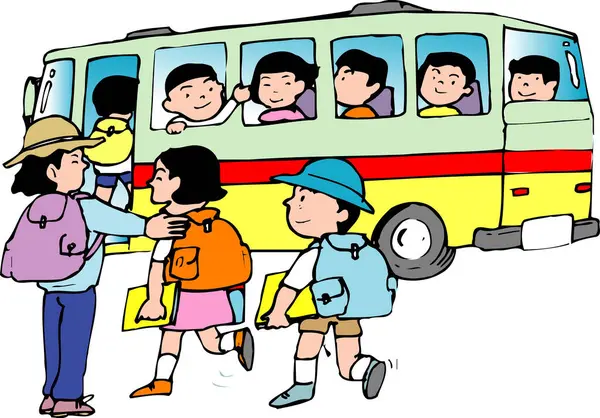 Sırt çantalı sarı okul otobüsü kullanan çocuklar.