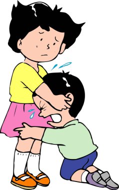 Ağlayan oğlan, ayakta duran kıza sıkıca sarılıyor.