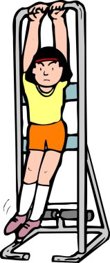 Çizgi filmdeki kız spor salonundaki barda egzersiz yapıyor. 