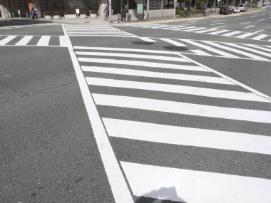 Şehirde gündüz vakti zebra geçidi görülüyor.