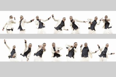 Beyaz arka planda dans eden genç erkekler