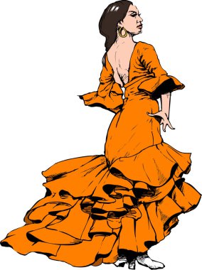 Turuncu elbiseli güzel bir kadının robot resmi.