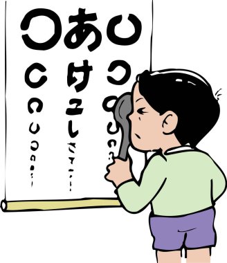 Genç çocuk göz grafiğini kullanarak görüşü kontrol ediyor.