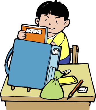 Tatlı çocuk kitabı okul çantasına koyuyor. 