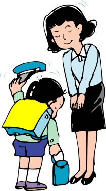 Okula giden bir anne ve çocuğun resmi 