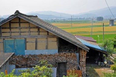 Yığınla yakacak odun ve tarlaları olan taşralı çiftlik evi.