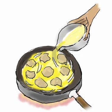 pan with fried chicken eggs.