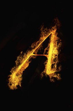Ateşten A harfi, siyah arkaplanda alfabe.                 