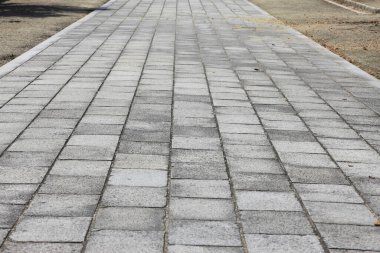 İleriye doğru giden dikdörtgen gri taşlardan yapılmış Paved geçidi