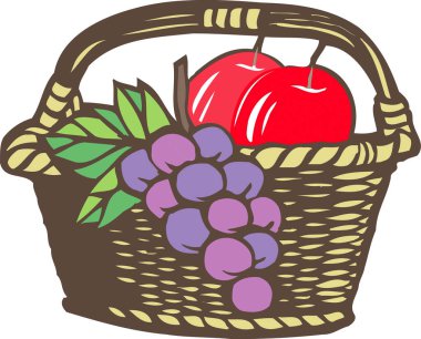 Üzüm ve elmalı sepet. vektör illüstrasyonu