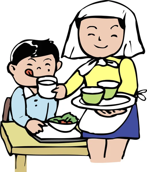 cartoon characters woman and a boy drink tea