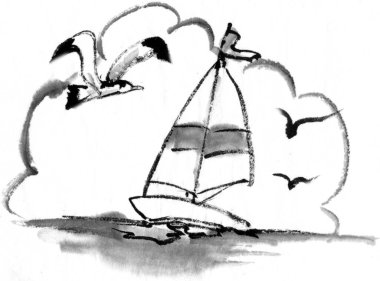 Denizde yelkenli çizimi, siyah beyaz çizimler.