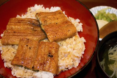 Lezzetli Japon yemekleri, pilavlı ızgara balık.   