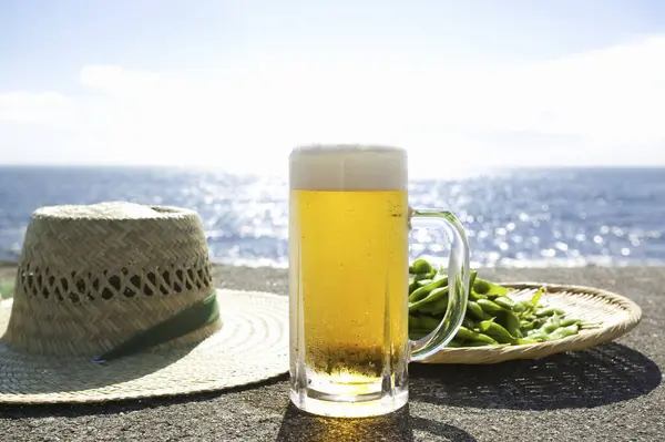 グリーンピースと海岸の背景にわら帽子をかぶったビール — ストック写真