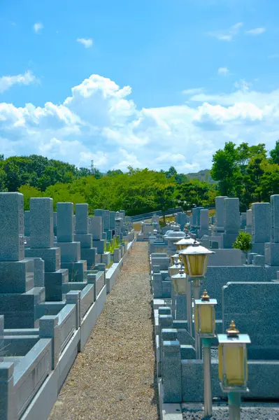 Кладбище Гробницами Японии Заднем Плане — стоковое фото