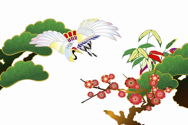 Stijlvolle Traditionele Etnische Japanse Illustratie Met Kraan — Stockfoto