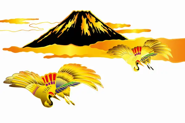 以富士山和鹤为代表的日本民族风格图解 — 图库照片