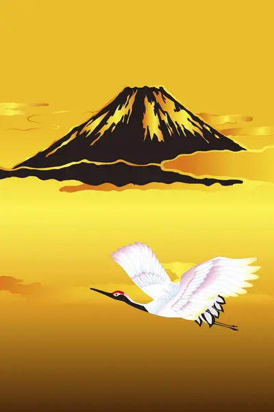 Japansk Etnisk Stiliserad Illustration Med Fuji Berg Och Kran — Stockfoto