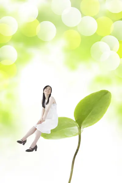 Tiny Young Asian Woman Sitting Green Leaf —  Fotos de Stock