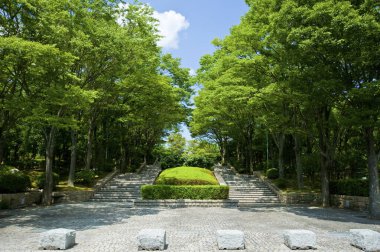 Adımları ve yeşil ağaçları olan güzel Japon bahçesi.