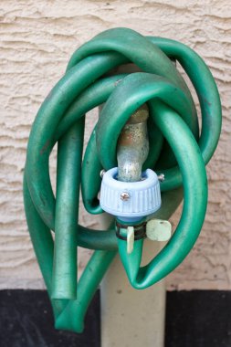 Yeşil bahçe hortumu açık su musluğunda asılı.