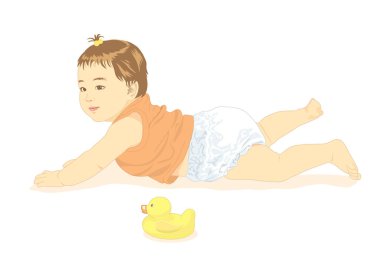 Sürünen bebek sarı ördeğin yanında bebek bezi giyiyor