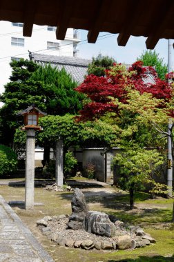 Güzel antik Japon tapınağı mimarisinin manzaralı bir resmi.