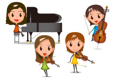 Enstrüman çalan dört karikatür müzisyeni