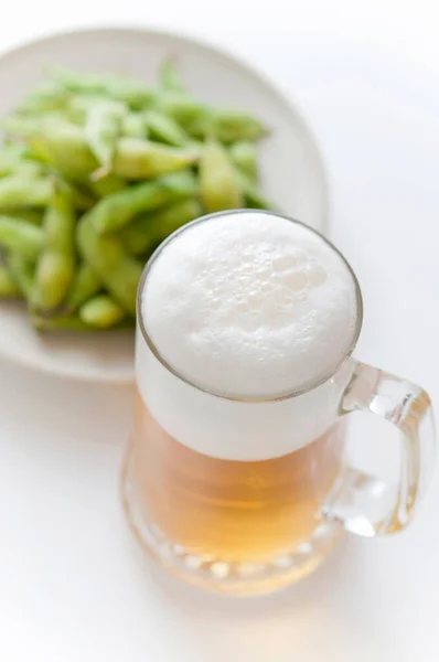 Glass Cold Beer Green Beans Close — Stock Photo, Image