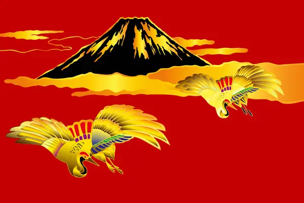 Fuji Dağı Vinçlerle Japon Etnik Tarzı Illüstrasyonlar — Stok fotoğraf