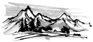 Dağ manzarasının siyah beyaz çizimi