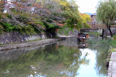 Sakin nehir, ağaçları ve tekneyi huzurlu manzarada yansıtıyor.