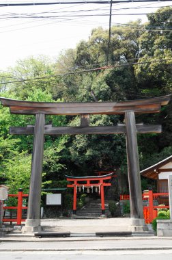 Güzel antik Japon tapınağı mimarisinin manzaralı bir resmi.