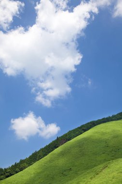 yeşil tarla ve tepeler ve bulutlu mavi gökyüzü